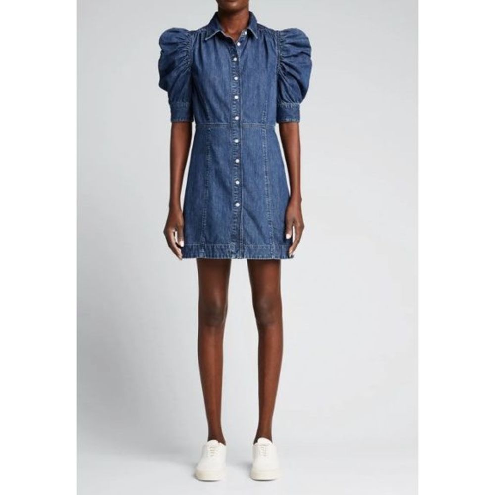 FRAME Gillian Puff-Sleeve 100% Cotton Denim Dress NWOT Size Medium